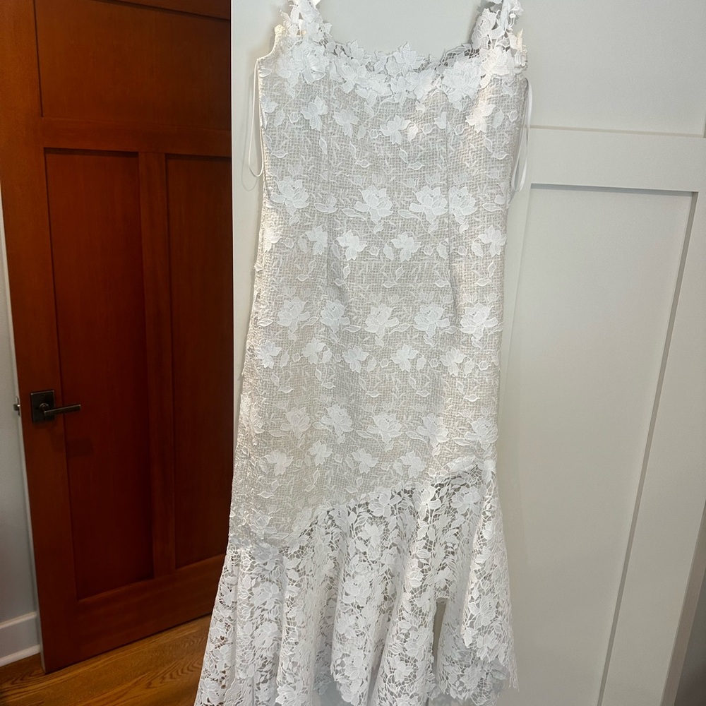 Oscar de la Renta asymmetric guipure lace-trimmed appliquéd tweed midi dress
